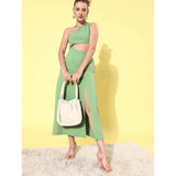 Green polyester lycra one-shoulder sleeveless dress for women