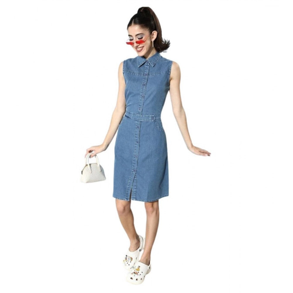 Blue denim solid sleeveless women's dress with shirt collar neck and button closure, knee-length style