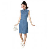 Blue denim solid sleeveless women's dress with shirt collar neck and button closure, knee-length style