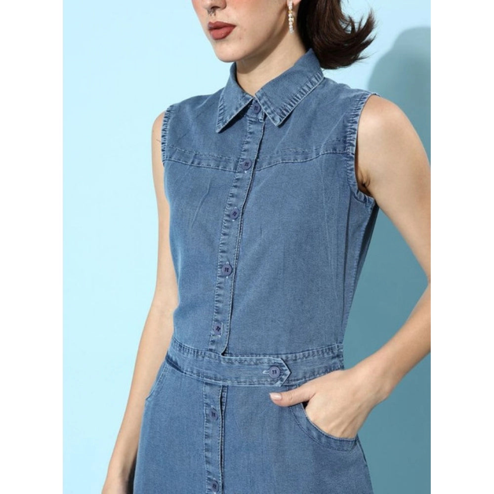 Blue denim solid sleeveless dress with shirt collar neck and button closure