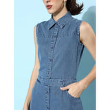 Blue denim solid sleeveless dress with shirt collar neck and button closure