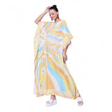 Multicolor satin kaftan dress with color blocking pattern for women's fashion, round neck and full length design