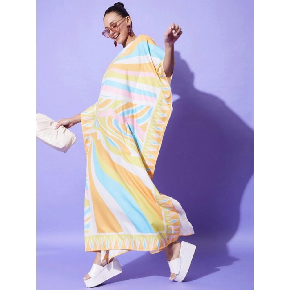 Multicolor satin kaftan dress with color blocking, round neck, and full length sleeves for women