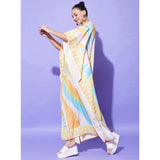 Multicolor satin kaftan dress with color blocking, round neck, full length for women