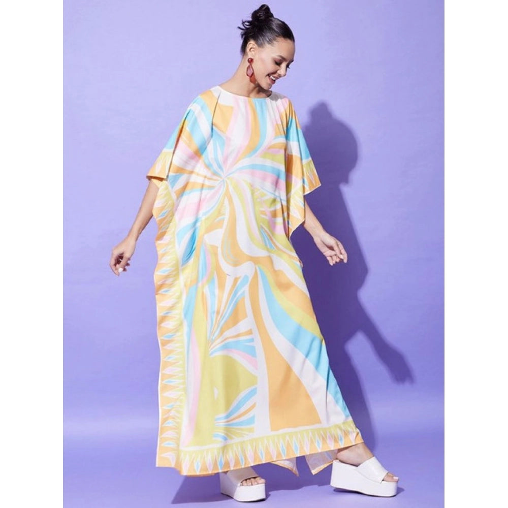 Multicolor satin women's kaftan dress with color blocking pattern, round neck and full length sleeves
