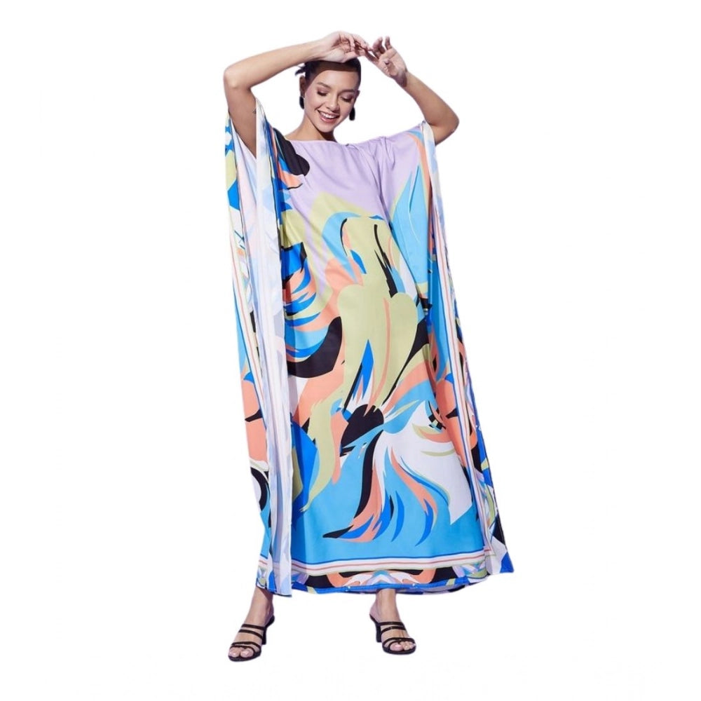 Multicolor satin women's kaftan dress, color blocking design with round neck and full length sleeves