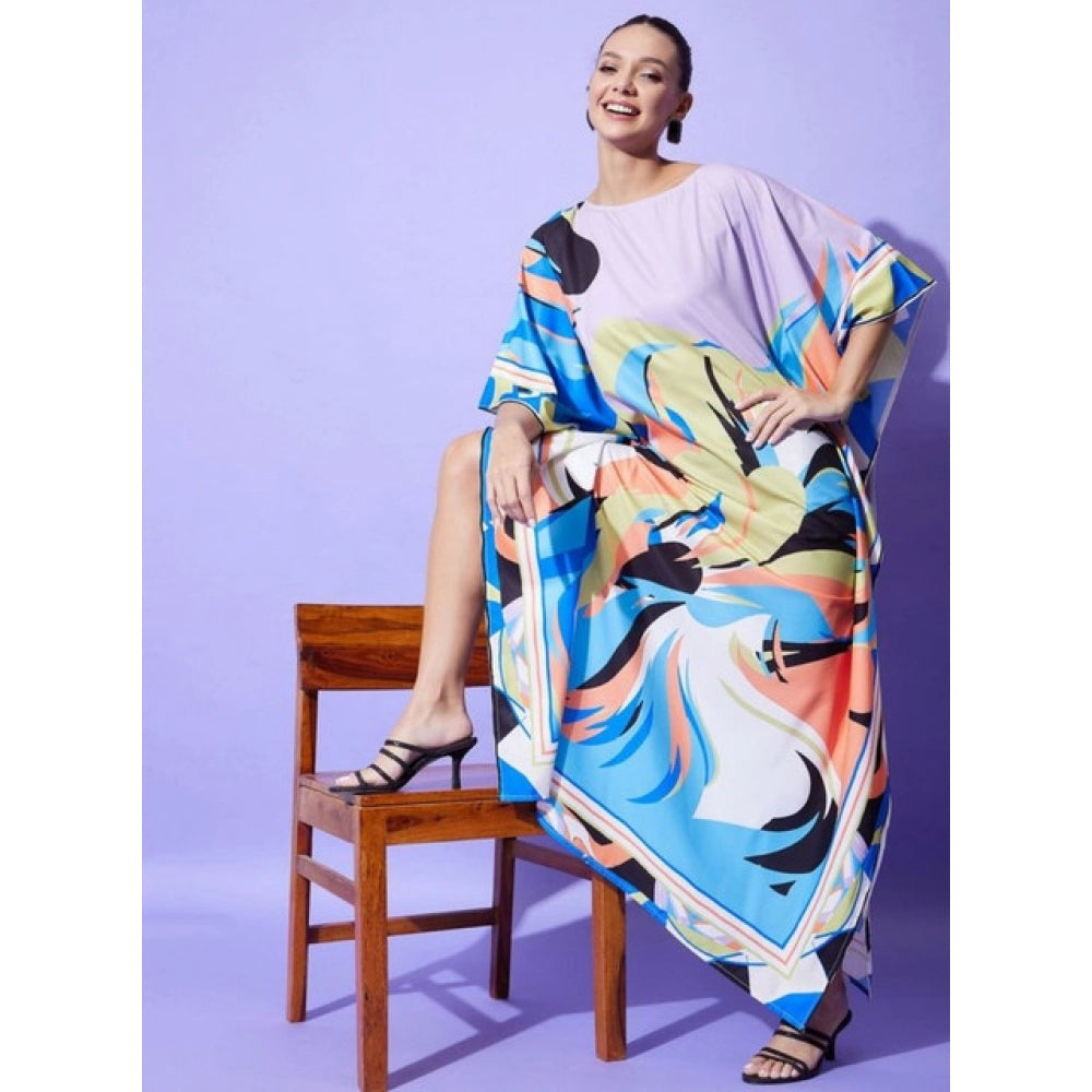 Multicolor satin women's kaftan dress, color-blocked design with round neck and full length sleeves