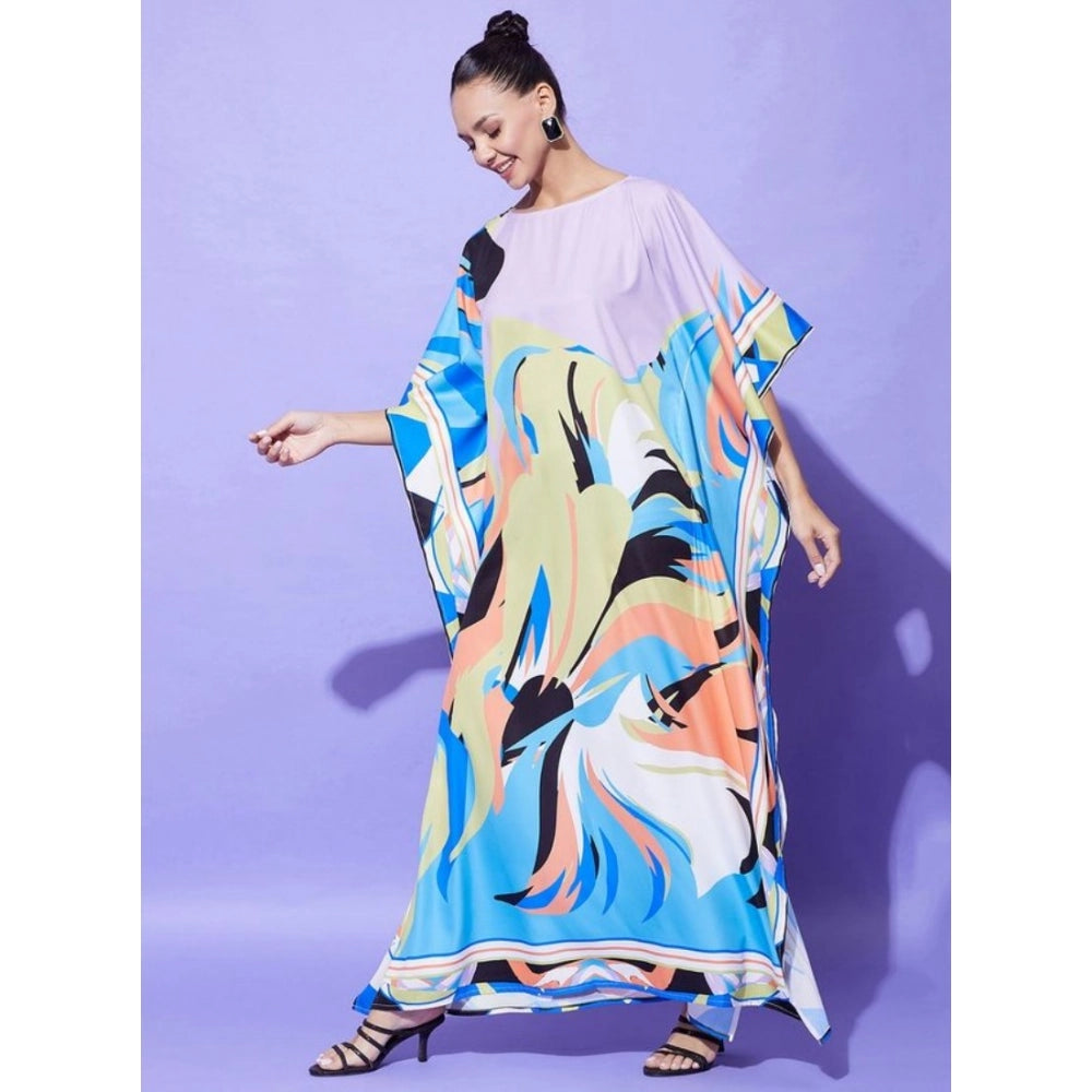 Multicolor satin women's kaftan dress with color blocking pattern, round neck, full length