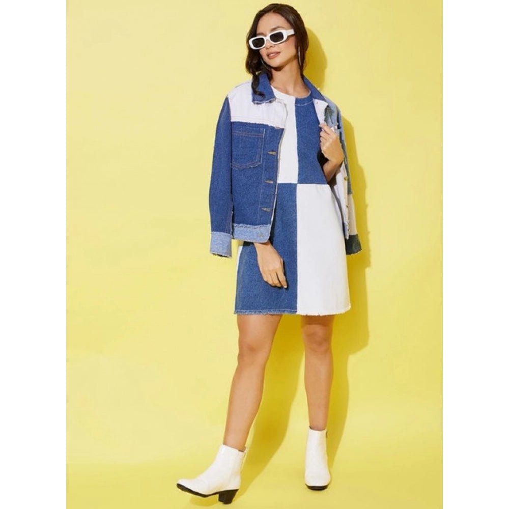Blue denim women's color-blocking sleeveless dress, round neck, above knee length
