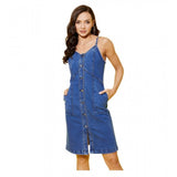 Blue denim washed shoulder straps dress with V-neck, above knee length, button closure