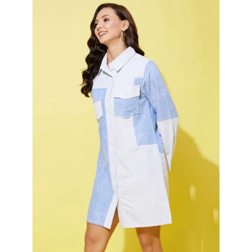 Blue denim women's long-sleeve dress, solid pattern, shirt collar neck, above knee length, button closure
