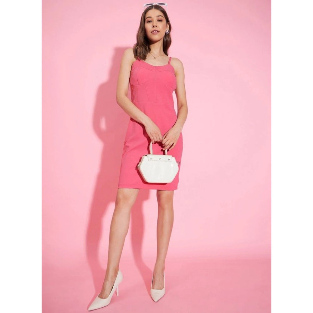 Pink polyester lycra solid shoulder straps dress for women, above knee length