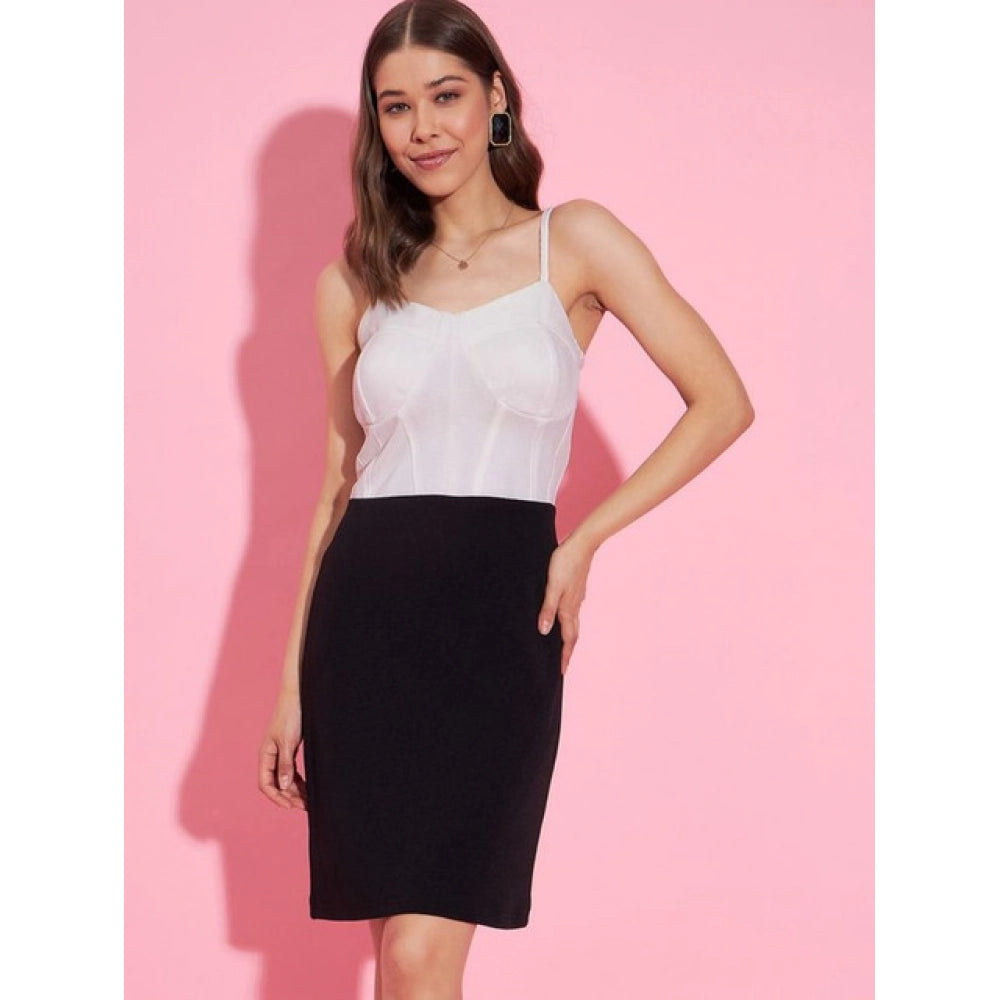 White-Black polyester lycra color-blocking shoulder strap dress for women on mannequin