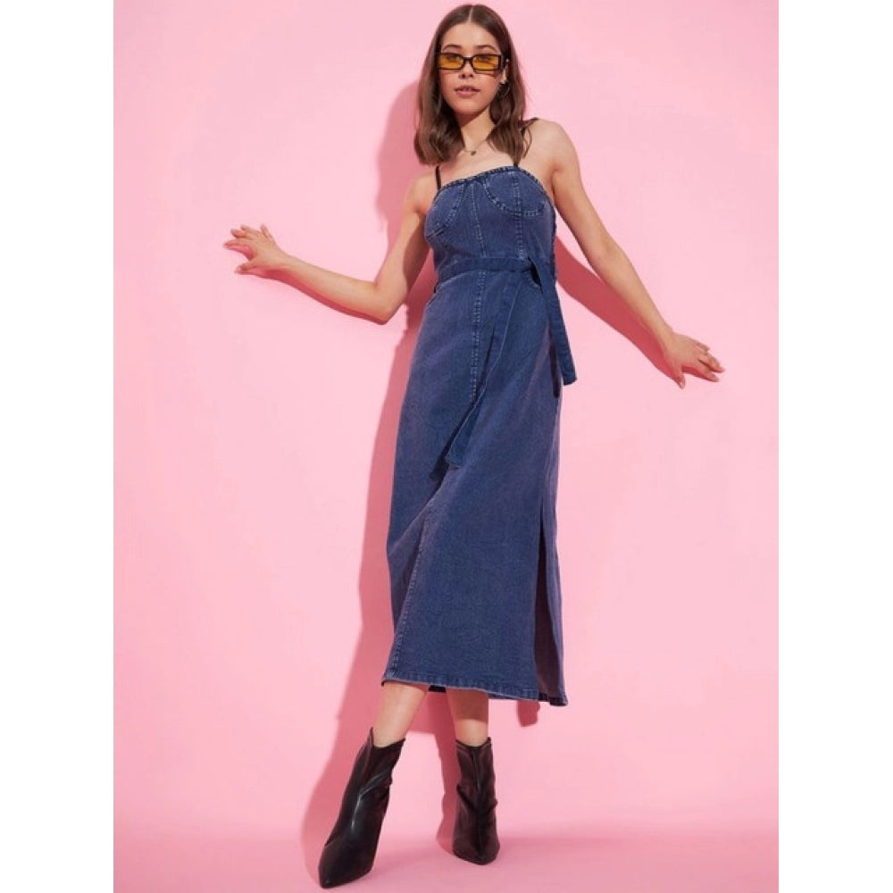 Blue denim solid shoulder strap dress, women's fashion piece for casual wear