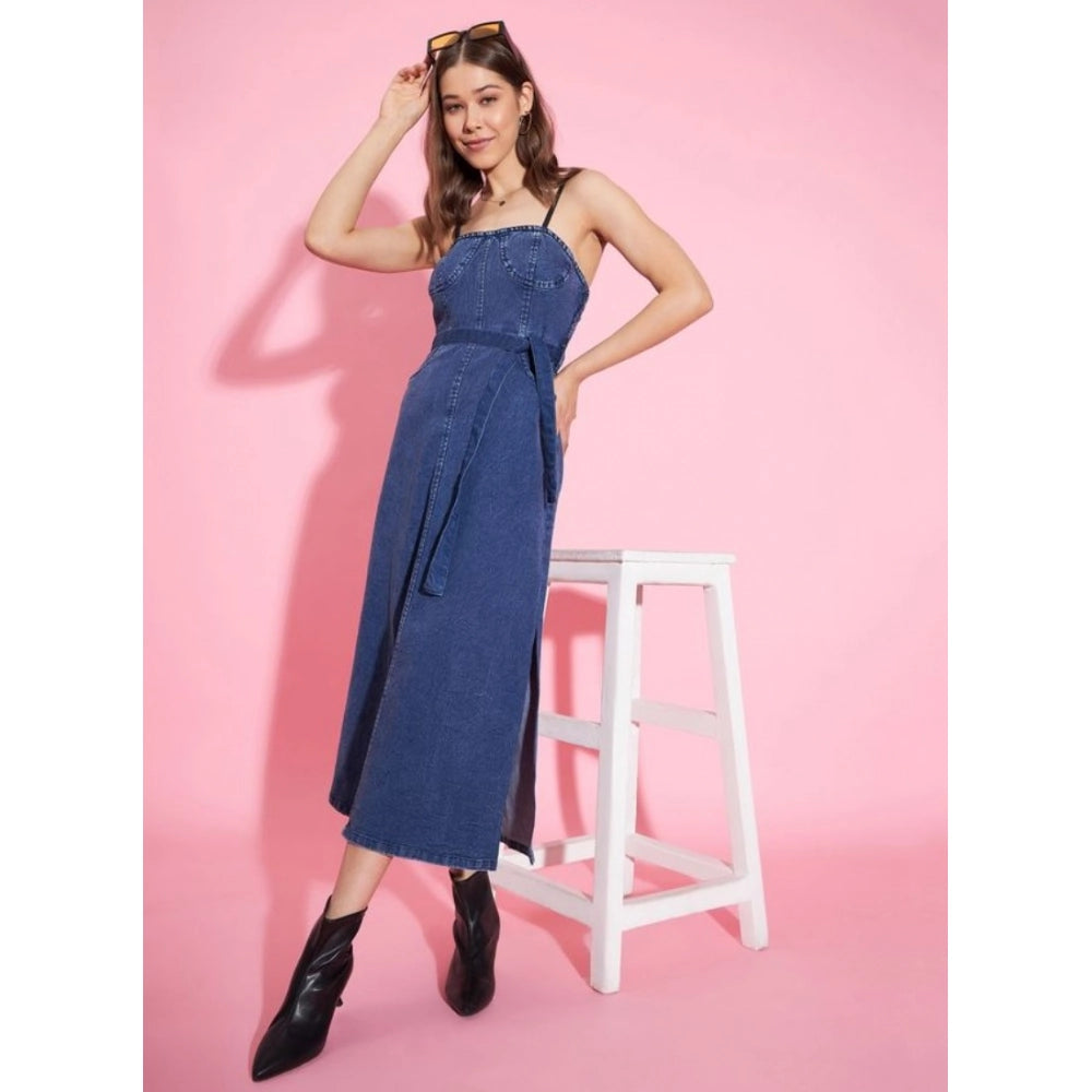 Blue denim women's dress with solid shoulder straps, calf-length design