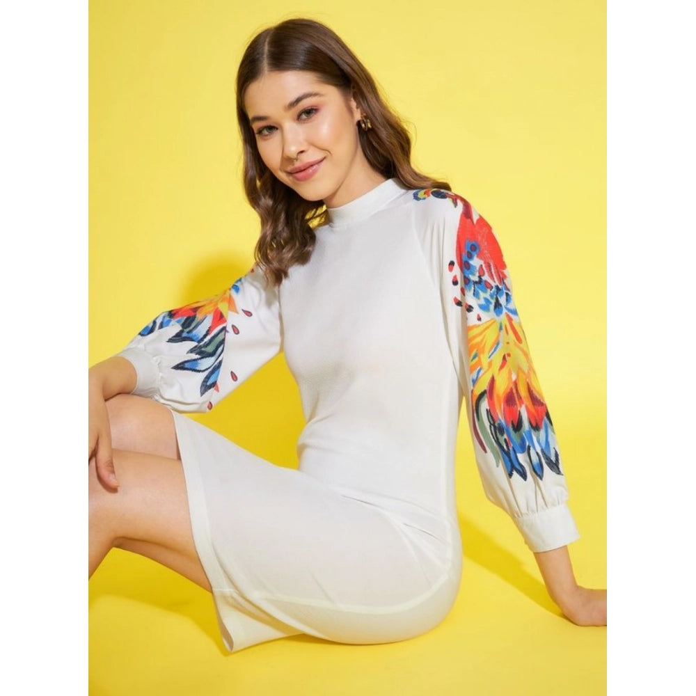 Multicolor printed polyester lycra long sleeve dress for women, round neck, above knee length with button closure