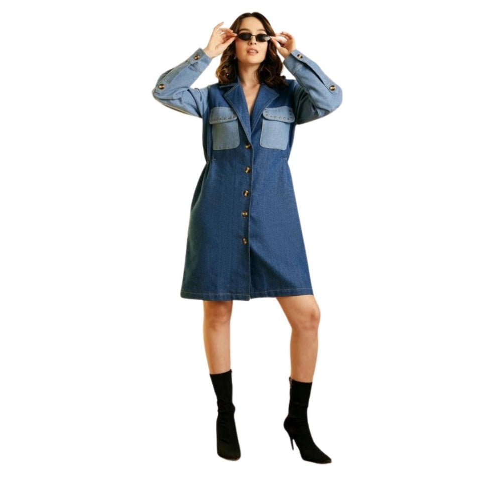 Blue denim women's dress, color-blocking design with roll-up sleeves and shirt collar neck