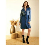Blue denim women's dress, color-blocked design with roll-up sleeves and button closure