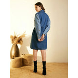 Blue denim women's color blocking roll-up dress, shirt collar neck, button closure