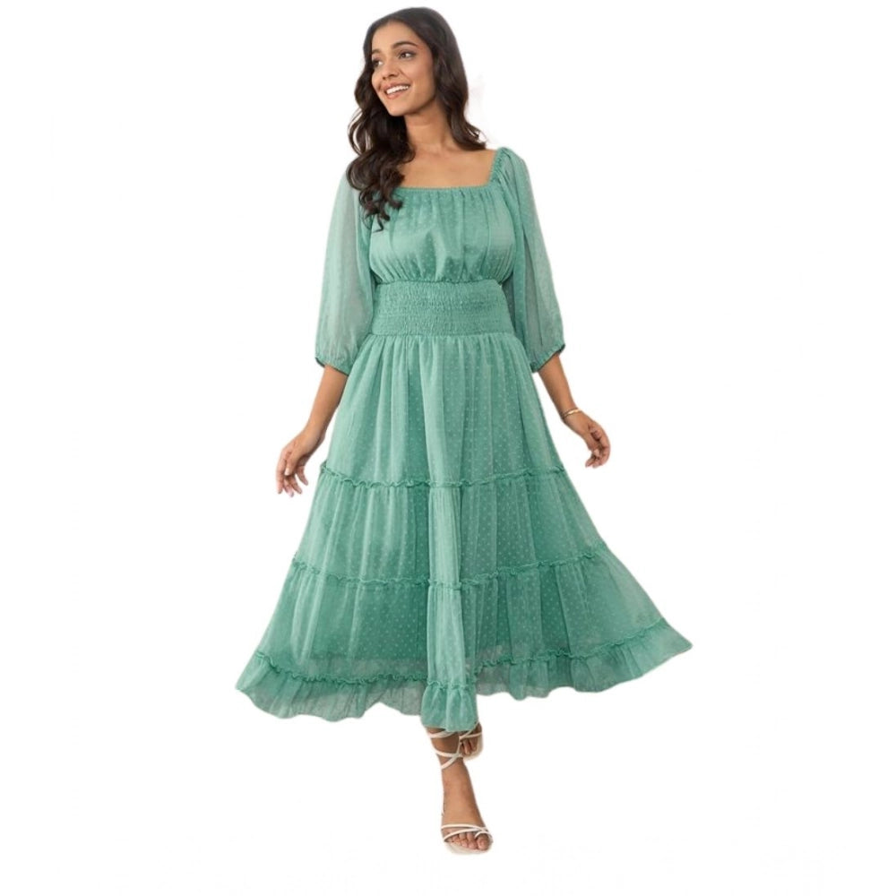 Green chiffon puff sleeve maxi dress with square neck and zip closure