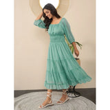 Green chiffon puff sleeve dress, zip closure, full length, solid pattern