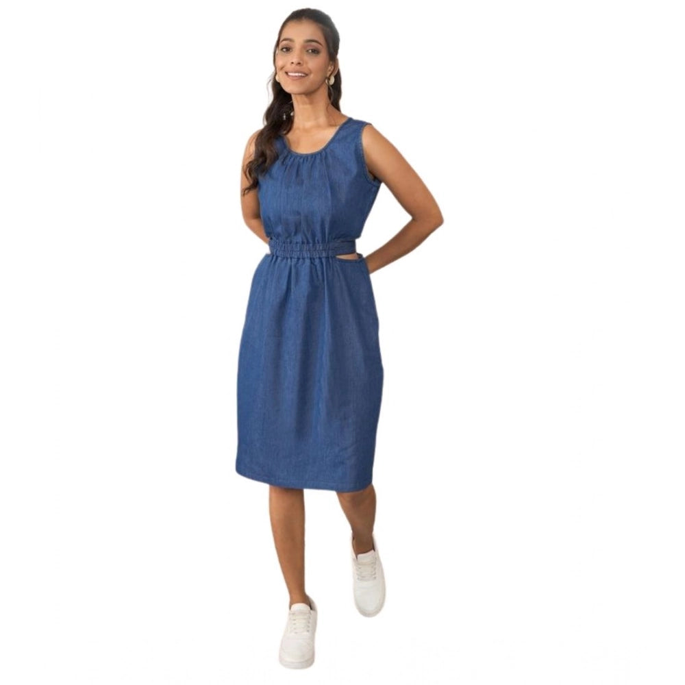 Blue denim women's sleeveless dress, solid design with round neck and button closure