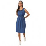 Blue denim women's sleeveless dress, solid design with round neck and button closure