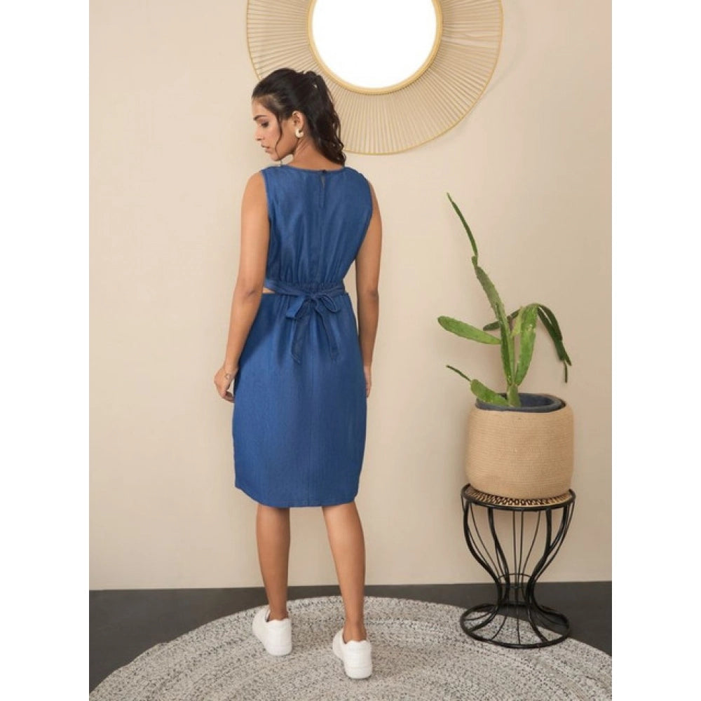 Blue denim solid sleeveless dress with button closure, knee-length and round neck