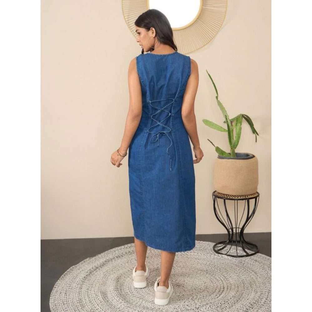 Blue denim solid sleeveless women's dress with V-neck, button closure, and below knee length