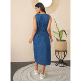 Blue denim solid sleeveless women's dress with V-neck, button closure, and below knee length