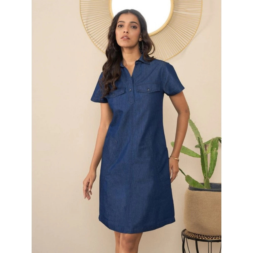 Blue denim solid sleeveless women's dress with shirt collar neck and short sleeves