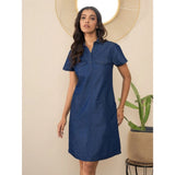 Blue denim solid sleeveless women's dress with shirt collar neck and short sleeves