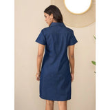 Blue denim solid sleeveless women's dress, shirt collar neck, short sleeve length, above knee, button closure
