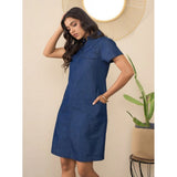 Blue denim solid sleeveless dress for women with shirt collar neck and short sleeves, above-knee length and button closure