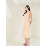 Peach Georgette ombre sleeveless dress for women, showcasing shoulder straps neckline and calf length design