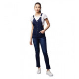 Navy Denim Lycra solid buttoned dungaree for women, full length with shoulder straps and buckle closure