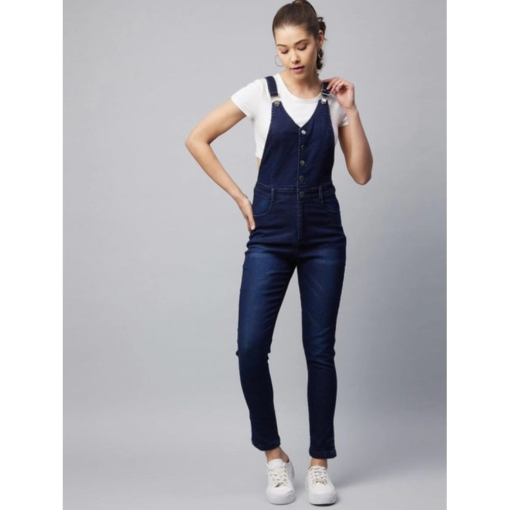 Navy Denim Lycra women's solid buttoned dungaree with shoulder straps, full-length pant bottom