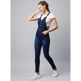 Navy Denim Lycra women's solid buttoned dungaree, full-length pant style with shoulder straps neck and buckle closure