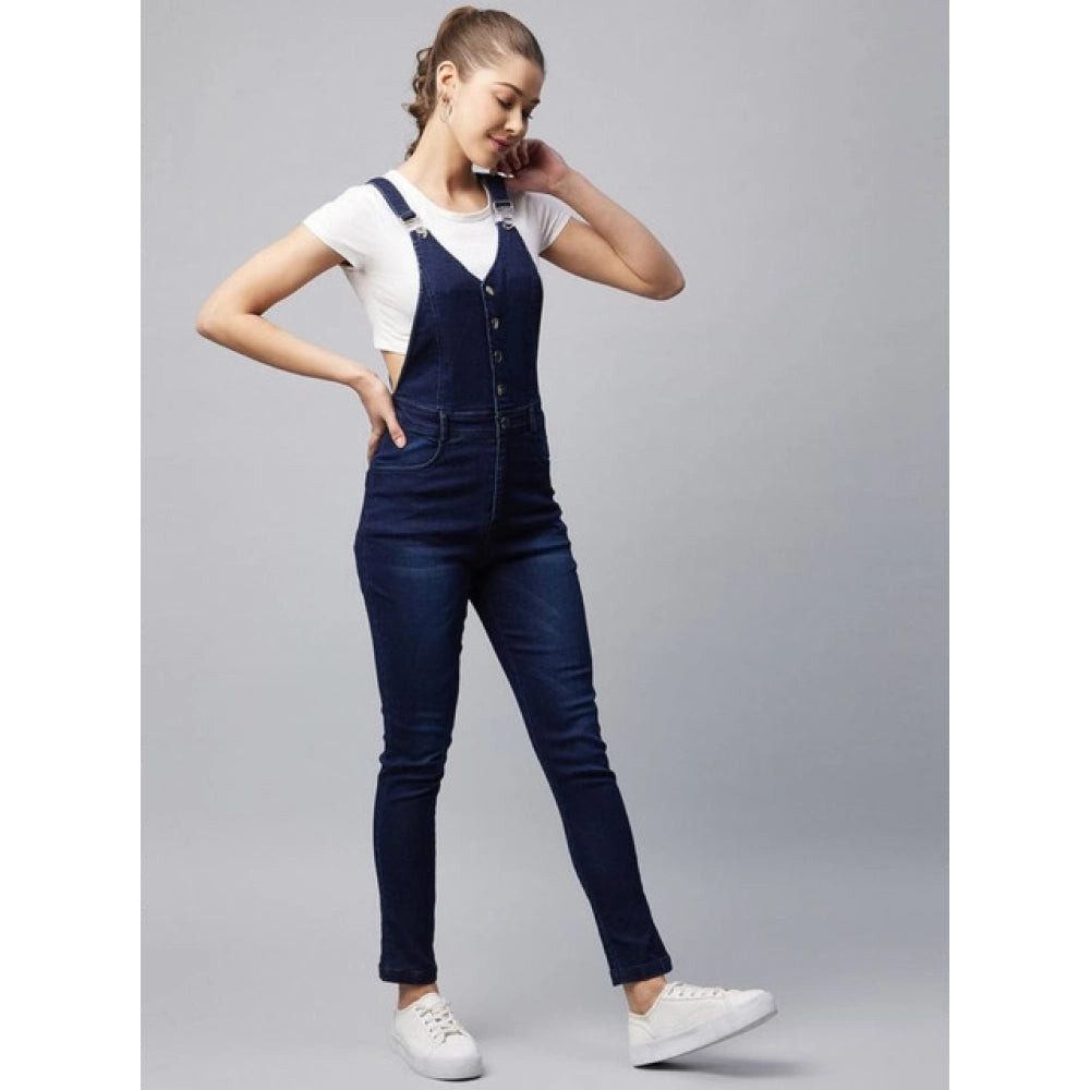 Navy Denim Lycra Solid Buttoned Women's Dungaree with shoulder straps and buckle closure, full-length pant style