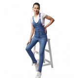 Ice blue denim-lycra solid buttoned dungaree for women, full length pant style with shoulder straps