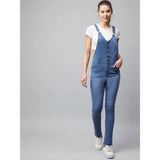 Ice Blue Denim Lycra Women's Full Length Buttoned Dungaree with Shoulder Straps and Buckle Closure