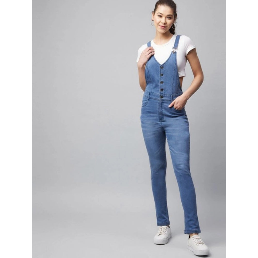 Ice Blue Denim Lycra Women's Solid Buttoned Dungaree with shoulder straps & pant bottom, full length design
