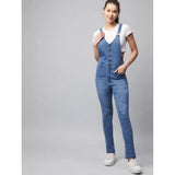 Ice Blue Denim Lycra Women's Solid Buttoned Dungaree with shoulder straps & pant bottom, full length design