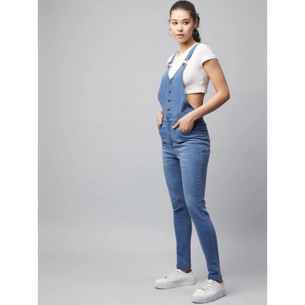 Ice Blue Denim Lycra Solid Buttoned Women's Dungaree with adjustable shoulder straps, buttoned waist, full length, and pant bottom style