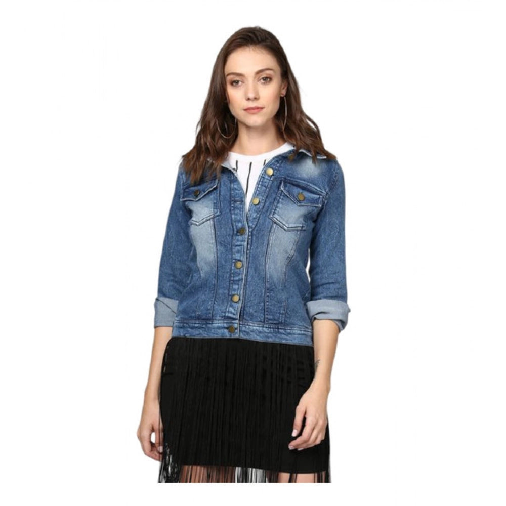 Blue denim washed long sleeves jacket with spread collar neck, button closure, and hip length