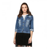 Blue denim washed long sleeves jacket with spread collar neck, button closure, and hip length