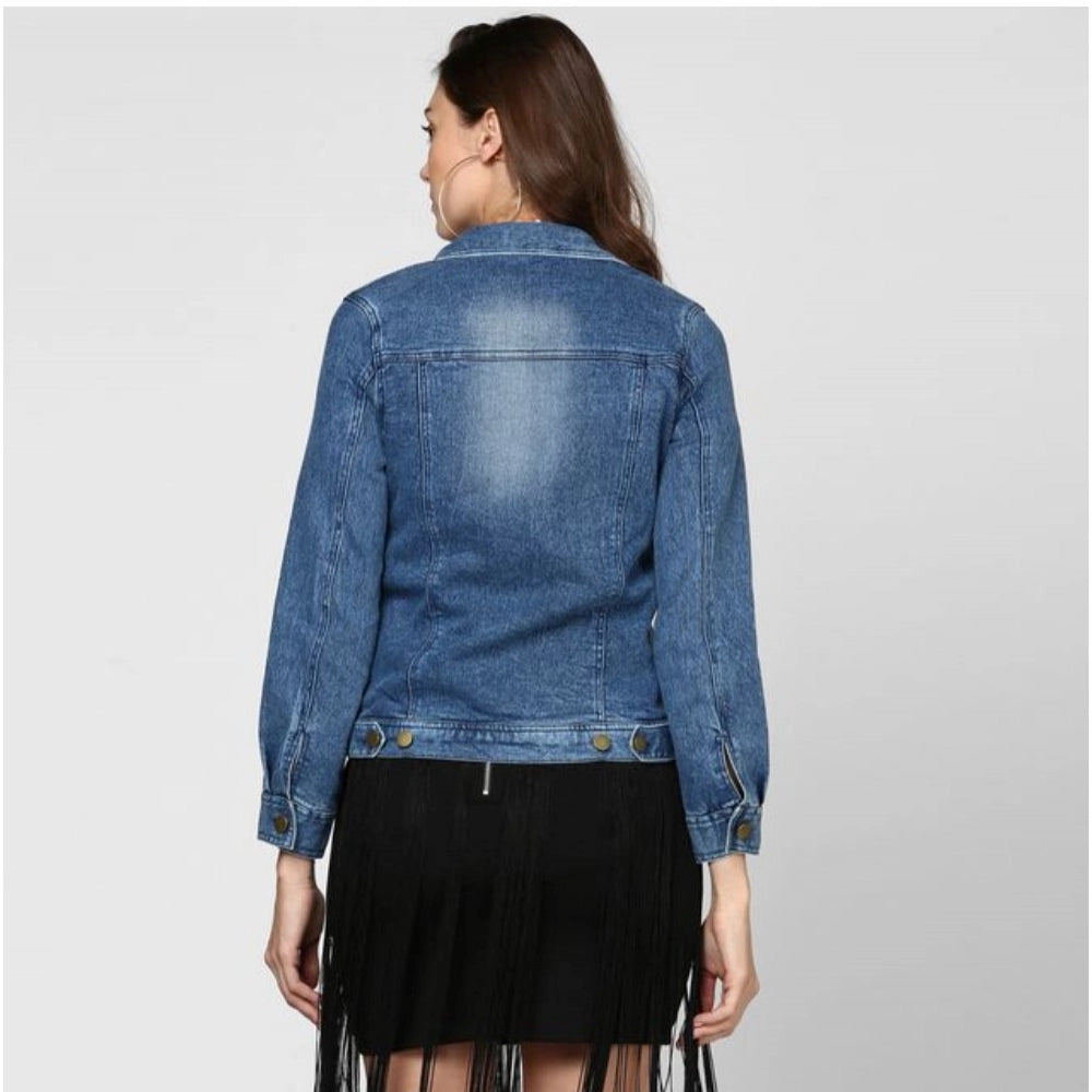 Blue denim washed long sleeves jacket with spread collar neck, button closure, and hip length