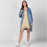 Blue denim washed long sleeves jacket with spread collar neck, knee length, button closure