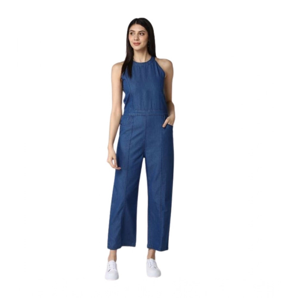 Blue denim women's sleeveless jumpsuit, solid design with round neck and zip closure