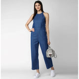 Blue denim women's sleeveless jumpsuit with round neck and ankle length, zip closure